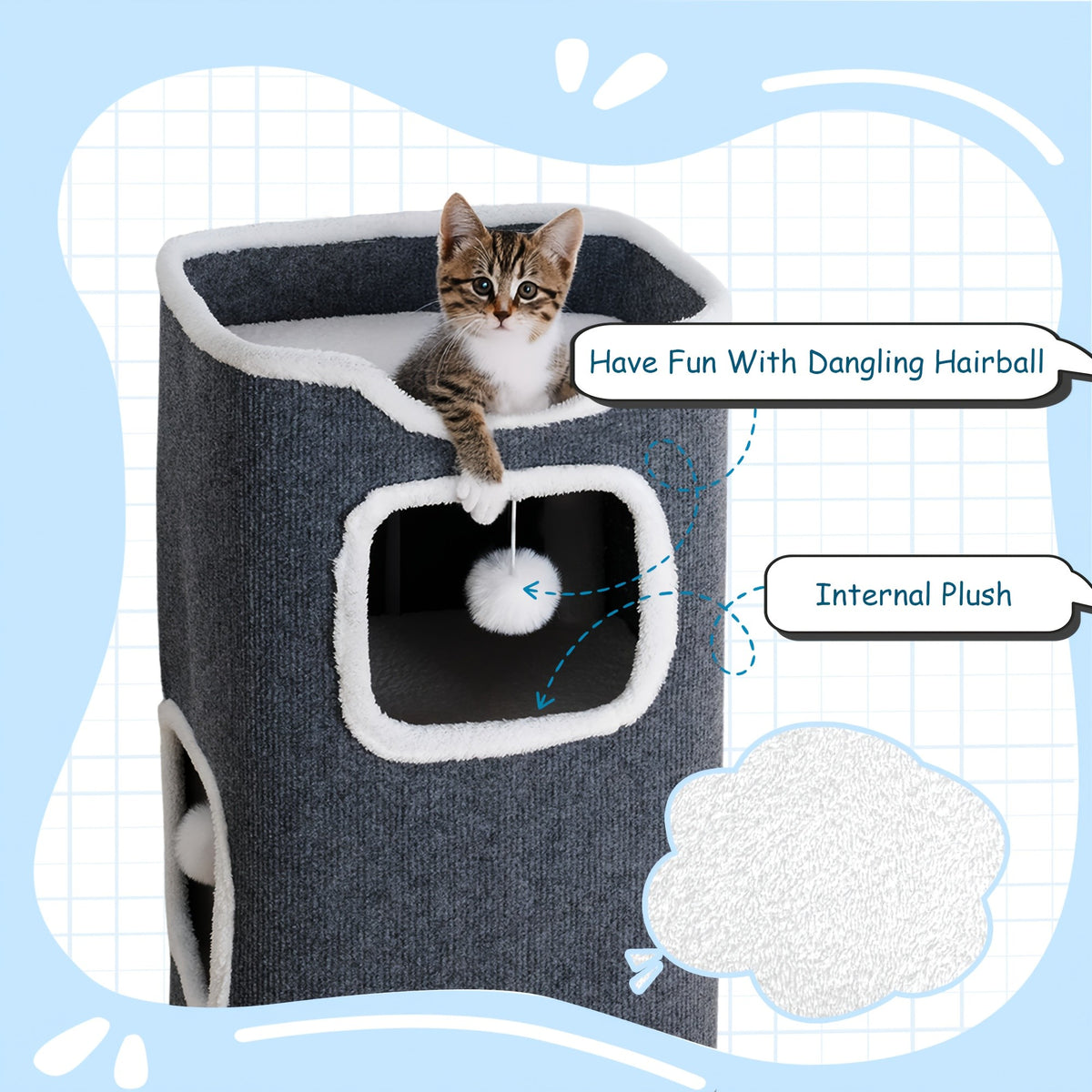 Cat Hideaway Tower with Felt Exterior and Particle Board Frame, Indoor Cat Condo Furniture in One, Three or Four Layers with Optional Bell Ball Bundles