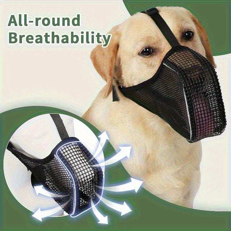 Full Coverage Mesh Dog Muzzle Mask 2-Pack in Black, Reflective Polyester Design with Adjustable Straps for Supervised Grooming and Vet Visits