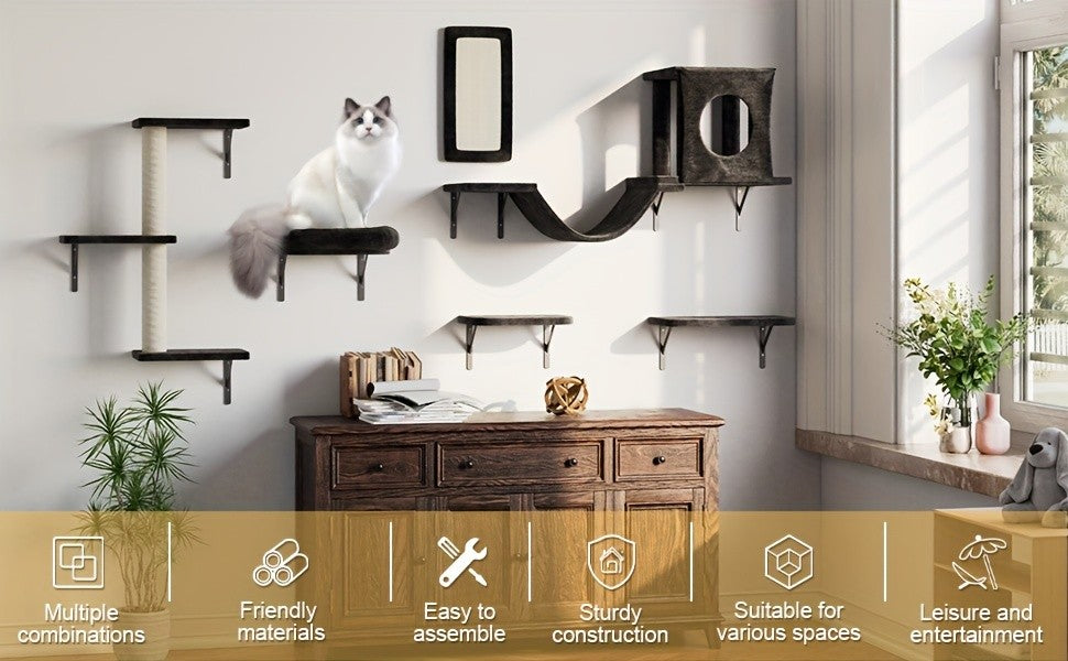 Cat Climbing Wall Shelves Set, Wall-Mounted Indoor Cat Furniture with Condo, Scratching Post, Bridge Ladder and Tunnel for Play and Rest