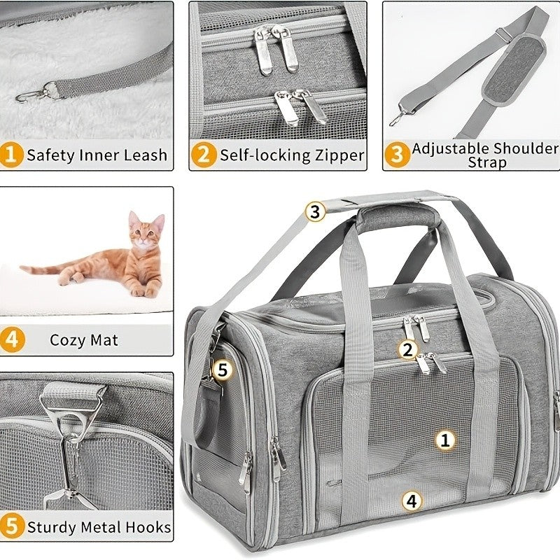 Soft-Sided Pet Travel Cage for Cats and Puppies up to 25 lbs, Large Foldable Cat Carrier in Black or Grey for Vet Visits and Everyday Outings