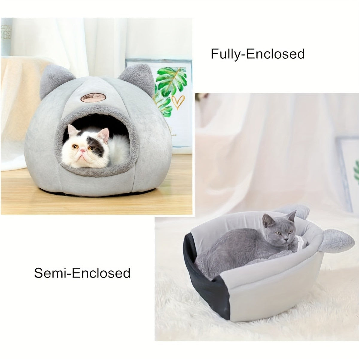 Cat Cave Bed with Cute Cat Ears for Indoor Cats and Kittens, Gray Enclosed Sleeping House with Rounded Entrance for Quiet Naps