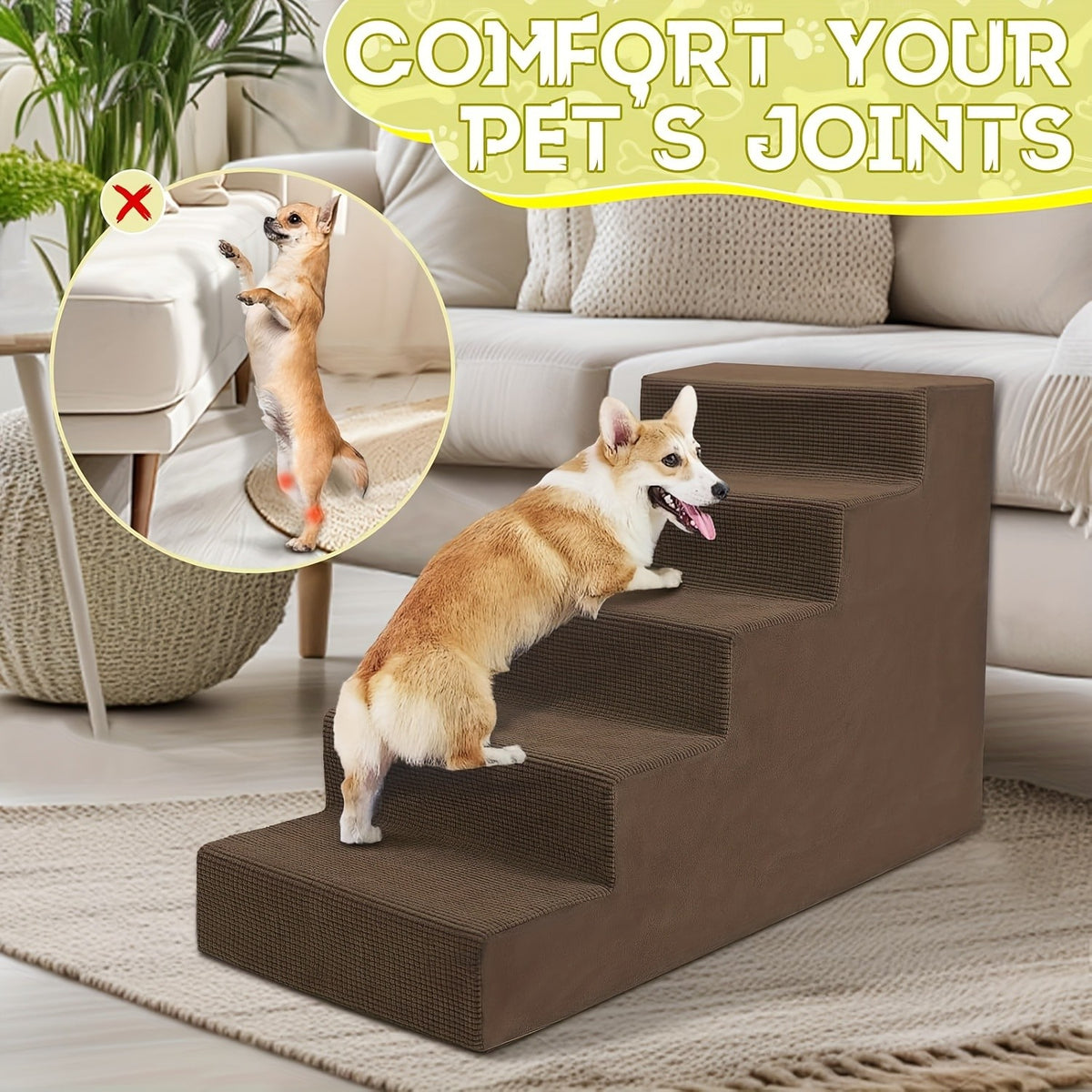 Foam Dog Stairs for Small Dogs, 5-Step Pet Steps with Supportive Board and Non-Slip Removable Washable Cover in Grey or Navy for Home Use