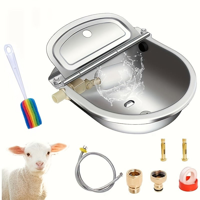 Automatic Dog Water Bowl 3L with Float Valve, Stainless Steel Self-Filling Outdoor Waterer with Braided Hose and Connectors for Pets and Livestock