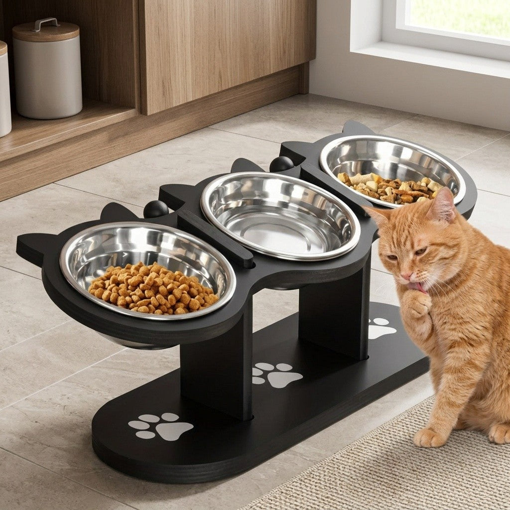 Double Cat Bowl Stand with Two Stainless Steel Dishes, 15 Degree Tilted Adjustable Black Wooden Feeder for Cat and Small Dog Food and Water