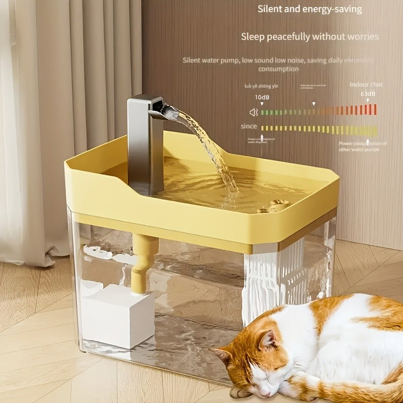 Cat Water Fountain 57.48oz with Automatic Circulation, Quiet USB Plug-In Pet Drinking Dispenser in Transparent, White or Yellow, No Power Adapter Included