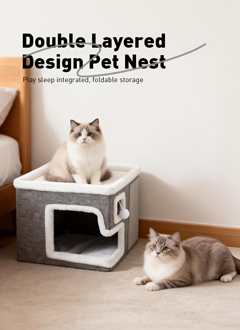 Cat House with Scratching Box, Large Light Gray 3-in-1 Indoor Cat Condo Cube with Wooden Structure and Ottoman-Style Hideaway for Sleep and Play
