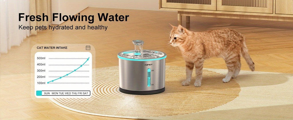 Stainless Steel Cat Water Fountain 50oz 1.5L, NPET WF210 Quiet Pet Drinking Dispenser with LED Water Level Window and Filter Bundle Options