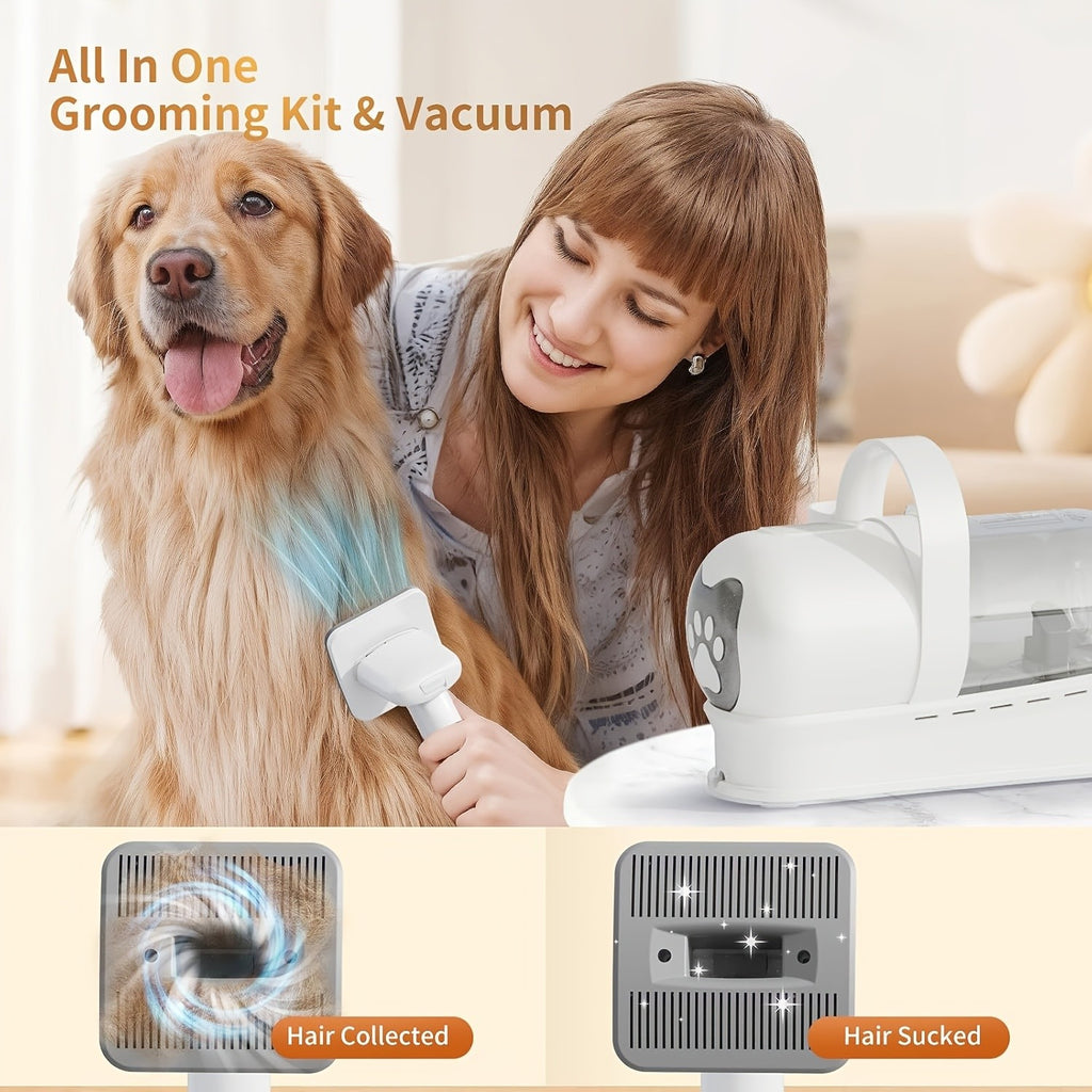Pet Grooming Vacuum with Nail Grinder and Clipper, White Dog Grooming Kit with 6 Tools for Dog and Cat Shedding and At-Home Coat Care