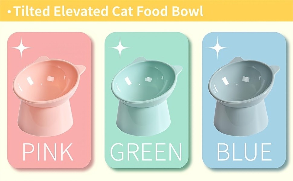 Raised Cat Bowls 3-Piece Color Set, Cat-Ear Shaped Elevated Pet Feeding Dishes with Anti-Slip Base in Blue, Pink and Green for Everyday Meals