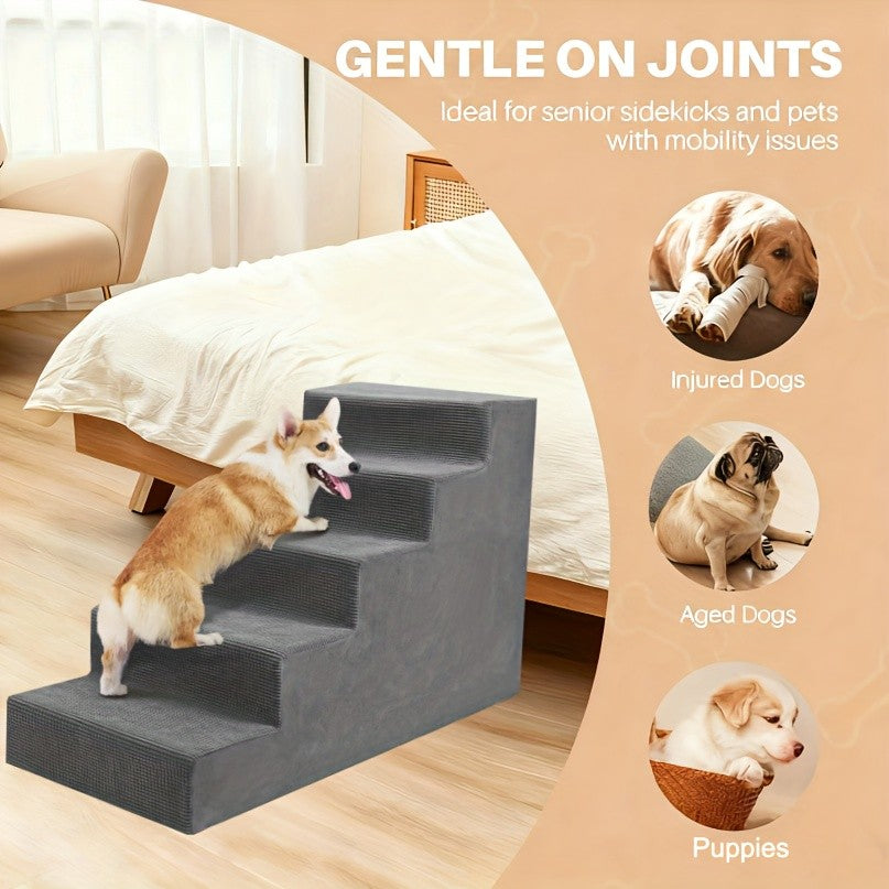 Foam Dog Stairs for Small Dogs, 5-Step Pet Steps with Supportive Board and Non-Slip Removable Washable Cover in Grey or Navy for Home Use