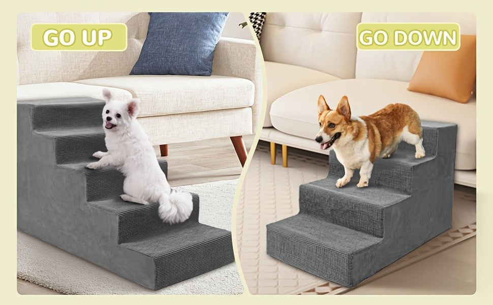 Foam Dog Stairs for Small Dogs, 5-Step Pet Steps with Supportive Board and Non-Slip Removable Washable Cover in Grey or Navy for Home Use