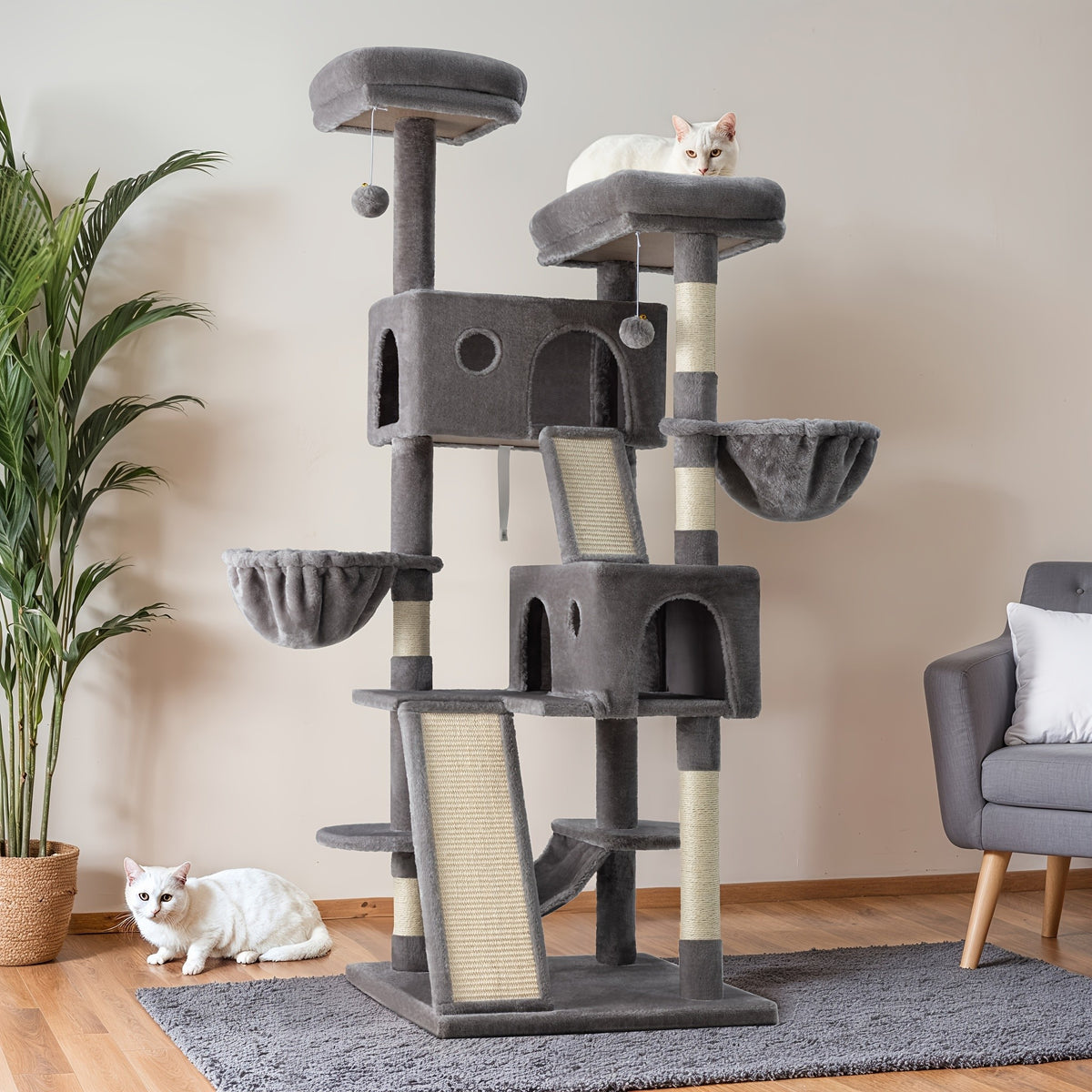 65 Inch Cat Tree Tower for Indoor Cats, Multi-Level Plush Cat Condo with Basket Beds, Hammock, Sisal Scratching Posts and Wide Base, Six Color Options