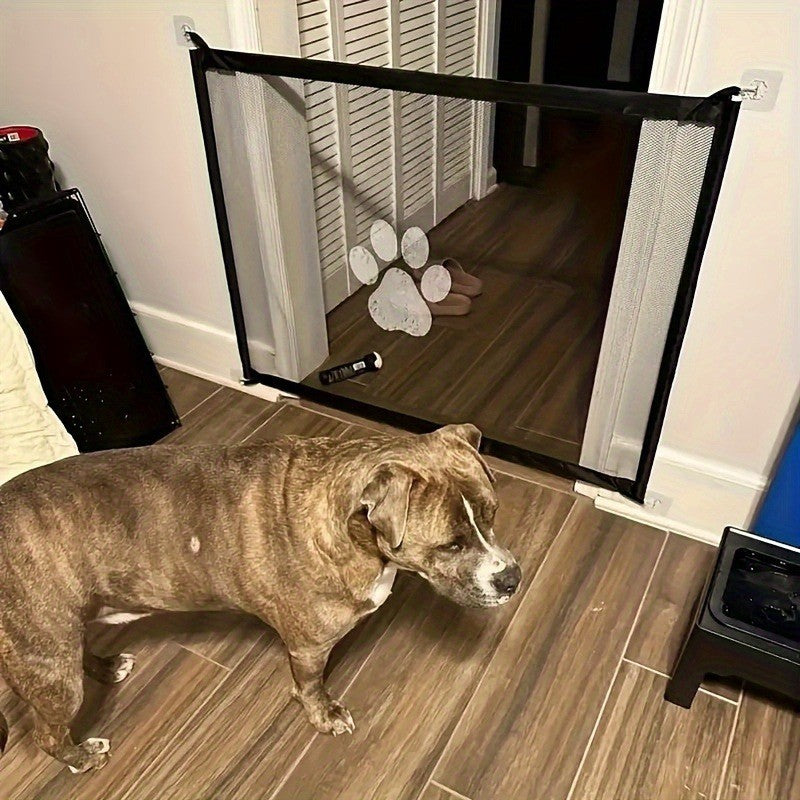 Dog Gate with 6 Hooks, Drill-Free Black Mesh Pet Barrier with Portable Expandable Design for Doorways, Hallways and Indoor Room Separation