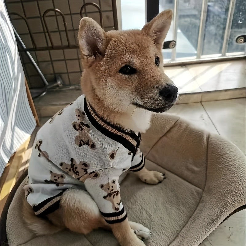 Bear Print Dog Cardigan Sweater with Button Closure, Beige Knit Pet Outfit with Contrast Ribbed Trim and Short Sleeves in M, L and XL Sizes