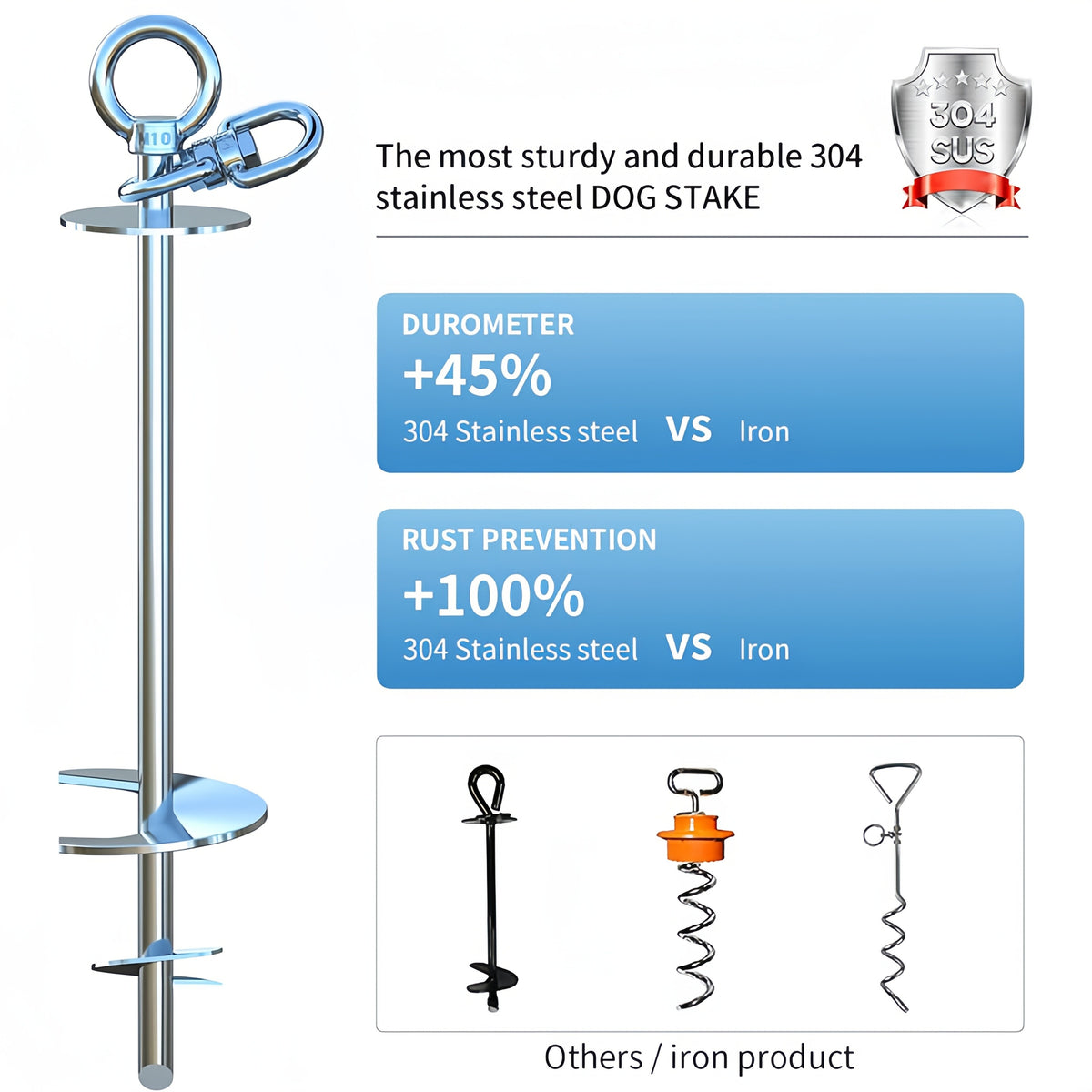 Dog Tie Out Stake in 304 Stainless Steel, 360° Swivel Ground Anchor for Supervised Yard and Camping Use with 15ft, 25ft or Pouch Options