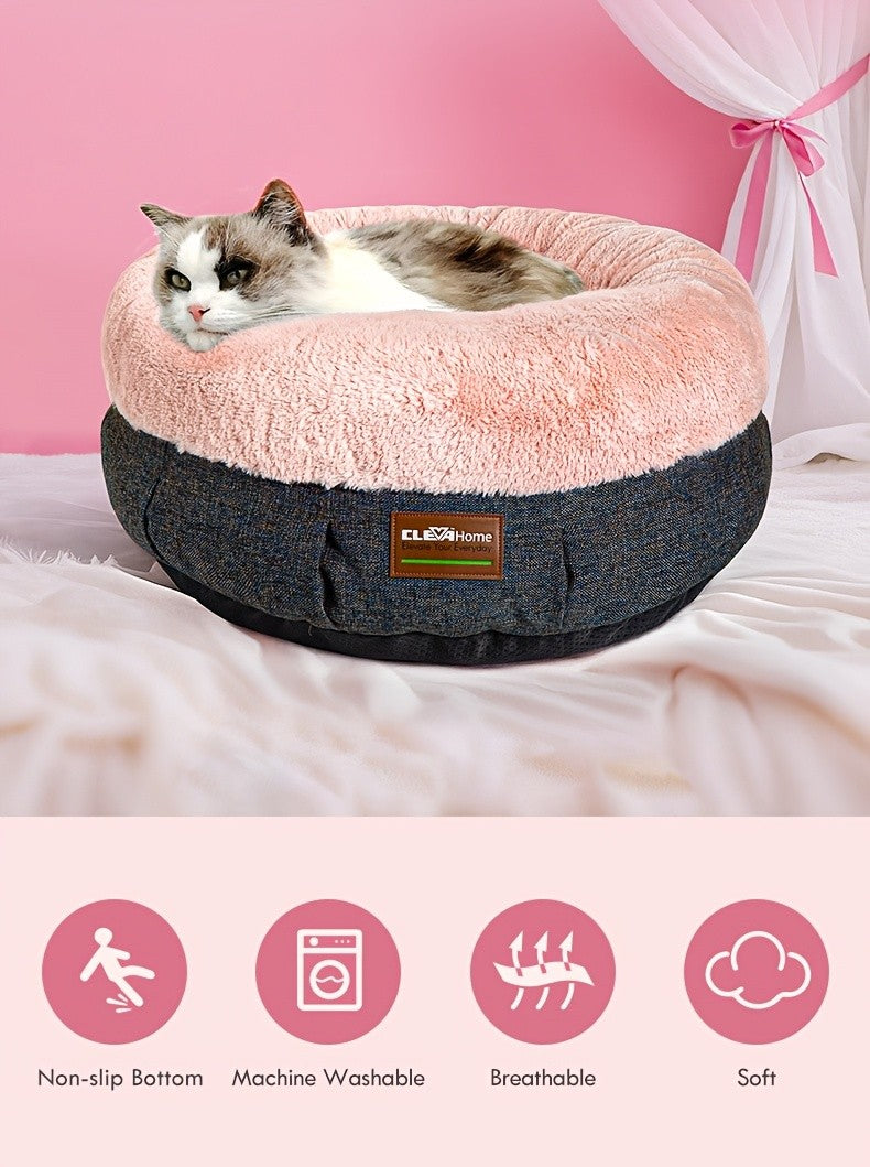 Cat Bed for Indoor Cats, 20 Inch Round Donut Cuddler with Raised Rim, Fluffy Plush Calming Pet Bed with Anti-Slip Bottom, Washable Cozy Bed for Kittens, Puppies and Small Dogs up to 11 lbs