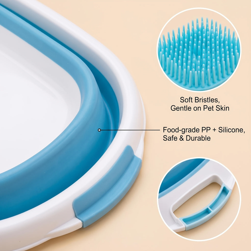 Foldable Dog Bathtub with Drain Plug and Shampoo Dispensing Bath Brush, Portable 21.65-Inch Pet Wash Basin for Small and Medium Pets