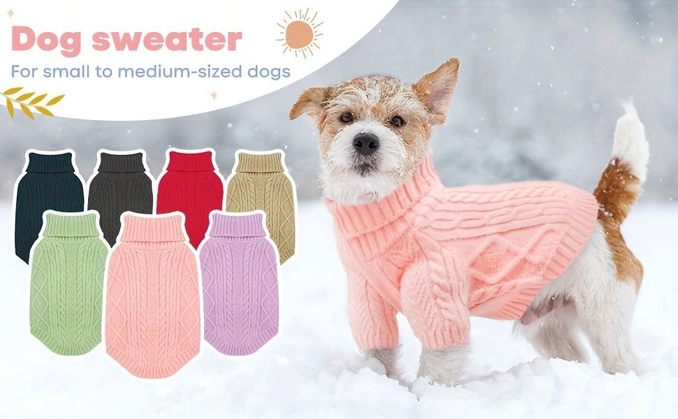 Cable Knit Dog Sweater with Turtleneck and Long Sleeves, Soft Warm Pullover for Small to Medium Dogs, Five Colors and XS-XL Sizes