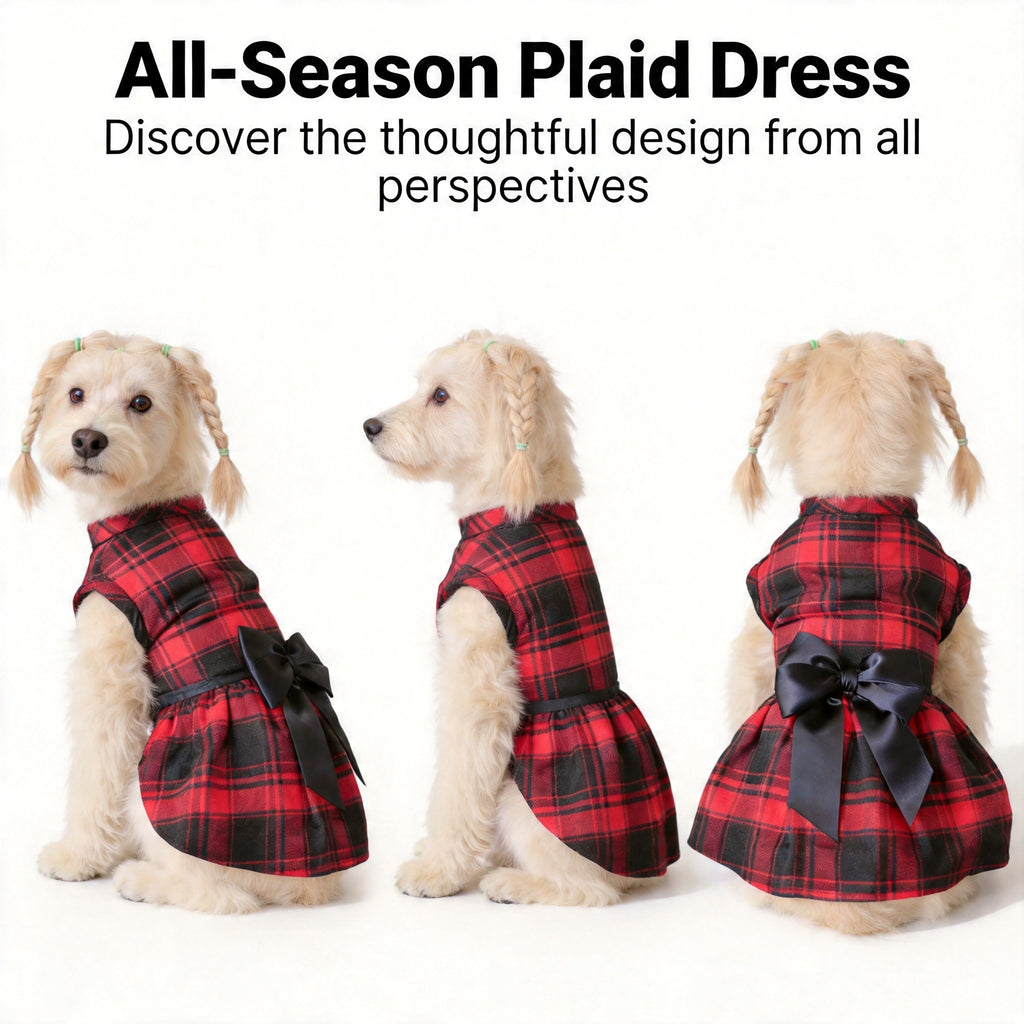 Plaid Dog Dress with Bow for Dogs and Cats, Red Academic Style Pet Outfit in XS–XXL with Random Poop Bag Dispenser and 4 Bells