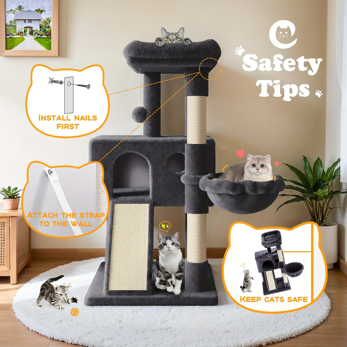 Cat Tree with Sisal Scratching Board, 36 Inch Multi-Level Indoor Cat Condo with Cozy Hammock, Padded Plush Perch and Scratching Posts for Kittens