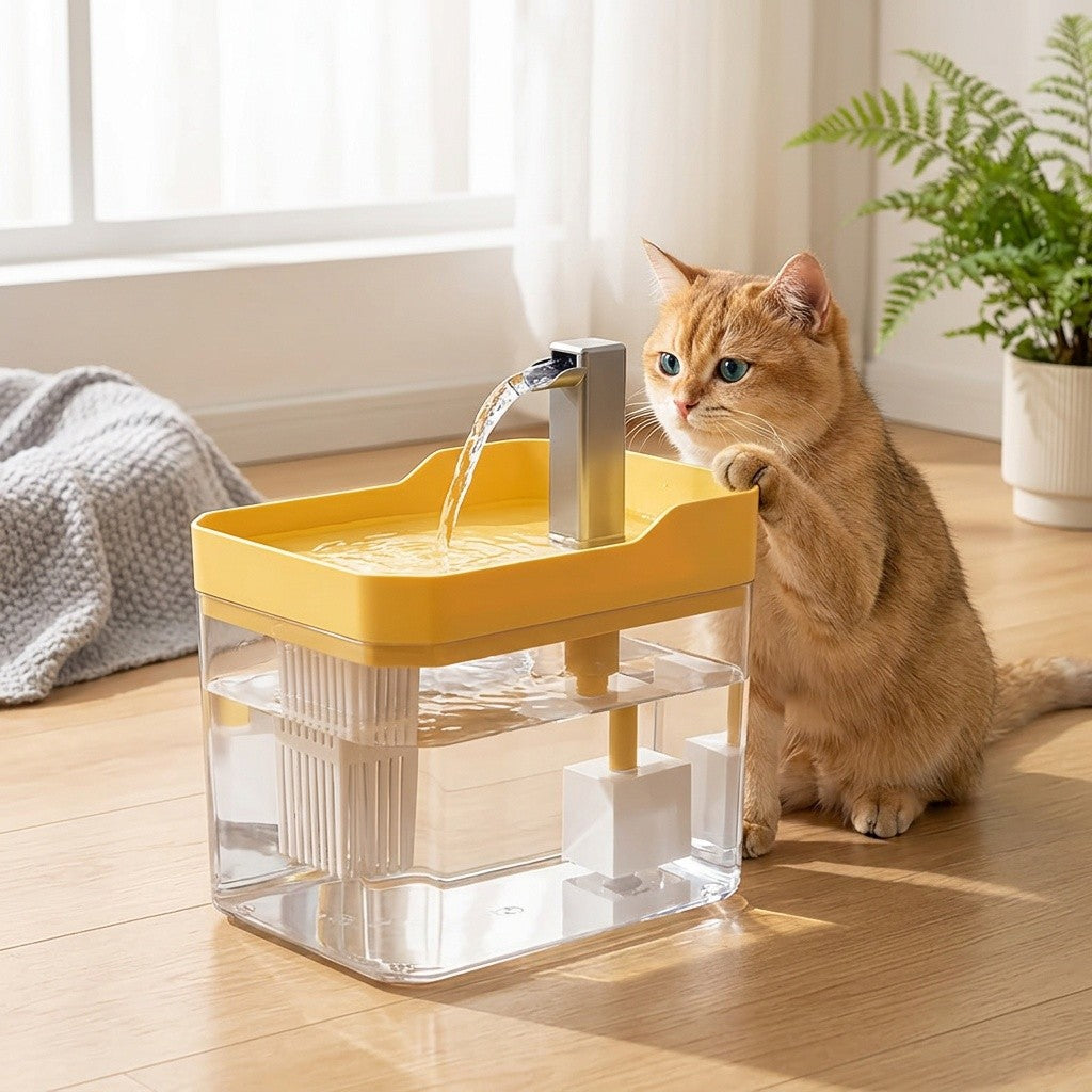 Cat Water Fountain 57.48oz with Automatic Circulation, Quiet USB Plug-In Pet Drinking Dispenser in Transparent, White or Yellow, No Power Adapter Included