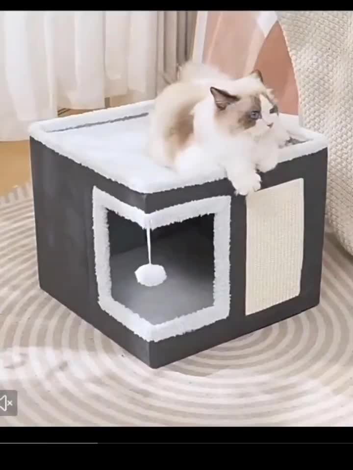 Cat House Cube with Scratching Panel, Foldable Gray Indoor Cat Bed with Top Lounge, Cozy Hideaway, Soft Cushion and Hanging Toy Ball