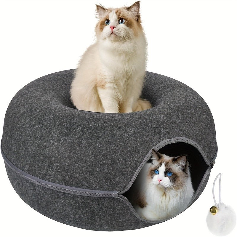 Cat Cave Tunnel Bed with Pom-Pom Ball, All-Season Donut Hideaway for Indoor Cat Rest and Play, 20 or 24 Inch Options in Dark Gray and Light Gray