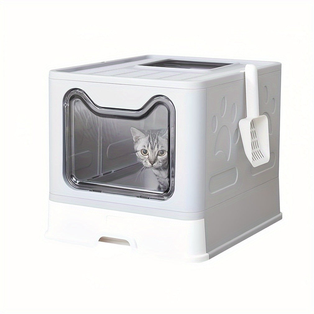 Foldable Cat Litter Box with Drawer Tray and Scoop, Large Plastic Top-Entry Kitty Toilet with Perforated Lid for Indoor Cat Potty Care