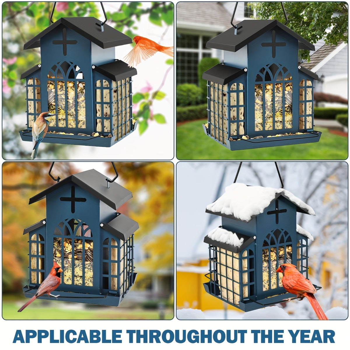 Vintage Metal Bird Feeder for Outside, Triple Mesh Seed Feeding Areas with Hanging Chains and Decorative Window Cut-Outs for Backyard Birdwatching