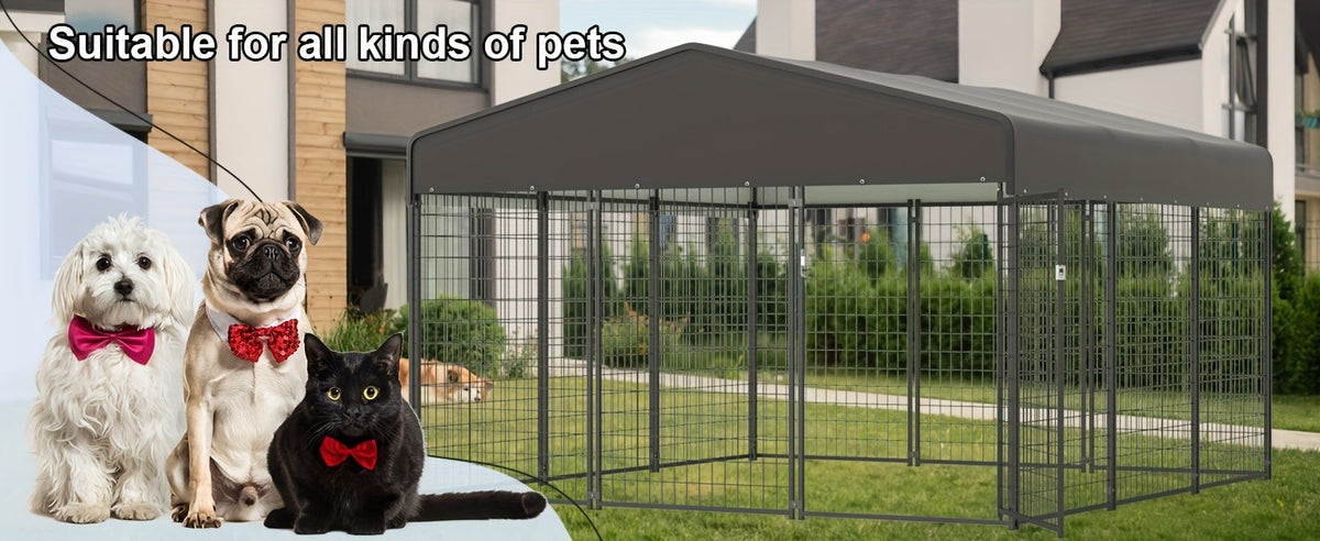 Outdoor Dog Run Enclosure with Roof Cover, Heavy-Duty Steel Mesh Kennel with Lockable Door and Ground Pegs, Four Size Options for Backyard and Farm