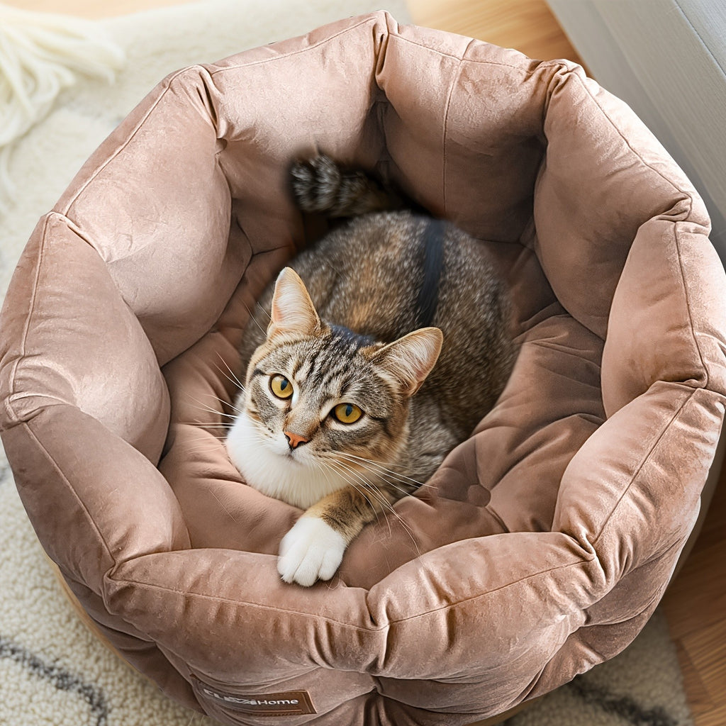 Deep Nest Cat Bed for Indoor Cats up to 15 lbs, 20-Inch Round Velvet-Feel Pet Sleeper with Extra-High Sides, Washable Design and Non-Slip Bottom