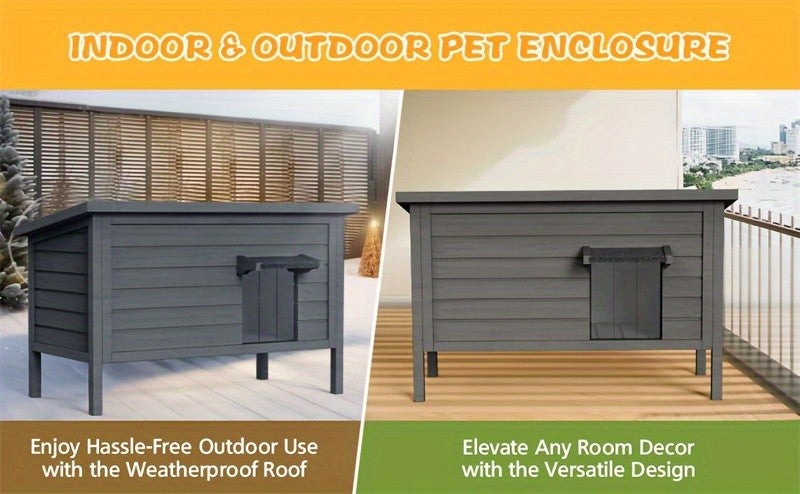 Wooden Outdoor Cat House with Six-Side Foam Insulation, Raised Floor and Feeding Station, 34.4 x 21.7 x 27.2 Inch Feral Cat Shelter in Grey or Coffee