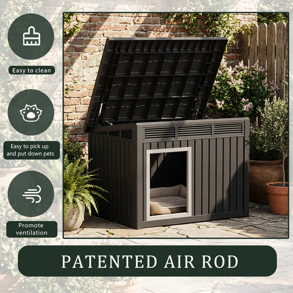 Dog House for Large Dogs Outdoor, All-Weather Resin Dog Shelter with Lift-Up Slant Roof and Ventilation Louvers, Windproof Rainproof UV-Resistant, 2 Sizes in Black or Gray