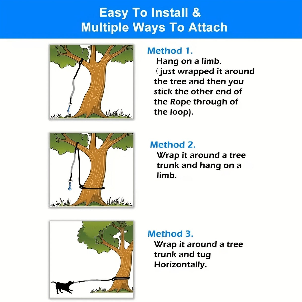 Tree Hanging Dog Tug Toy with Bouncy Tether and Chew Rope, Black Outdoor Tug of War Toy for Supervised Backyard Play with Small to Large Dogs