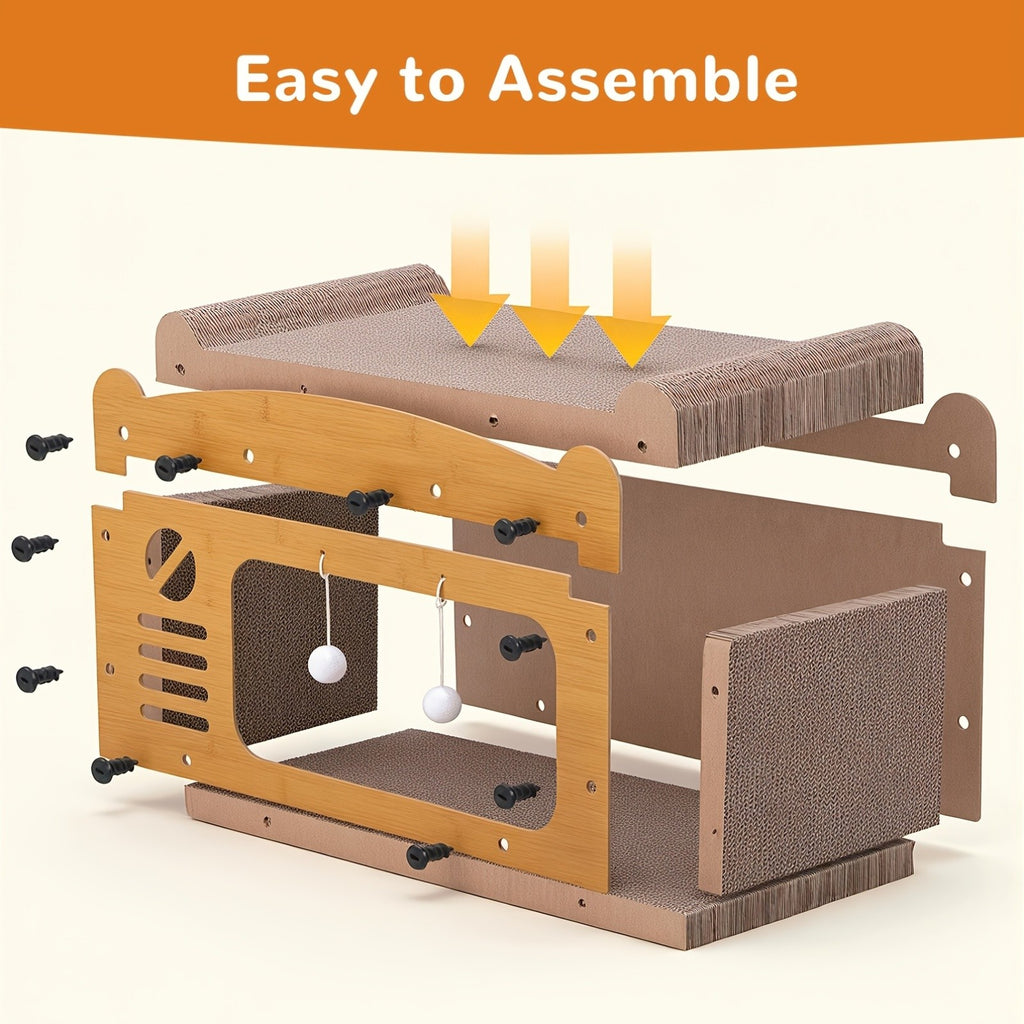 Cardboard Cat House with Scratching Board and Pompom Toy, Indoor Cat Hideout Bed for Scratching and Resting, Single or Double Layer Options