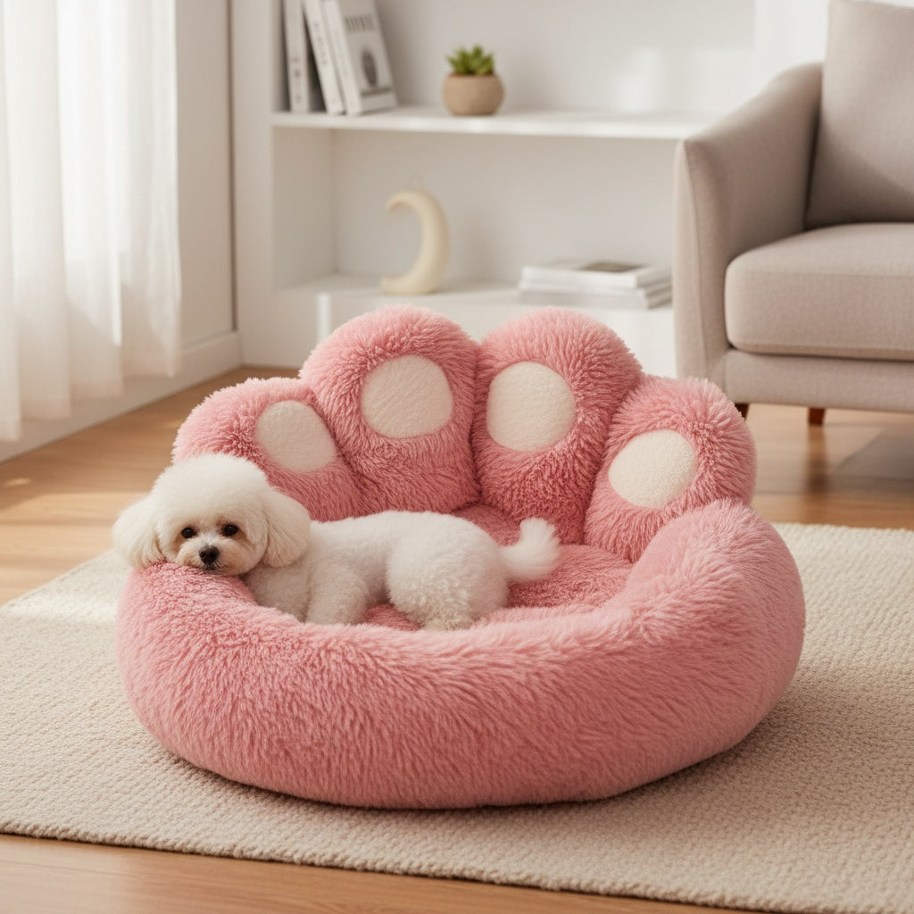 Plush Dog Bed with Bear Paw Design, Washable Fluffy Pet Sleeping Cushion with Raised Edges, 60–90 cm Sizes in Coffee, Pink and Gray