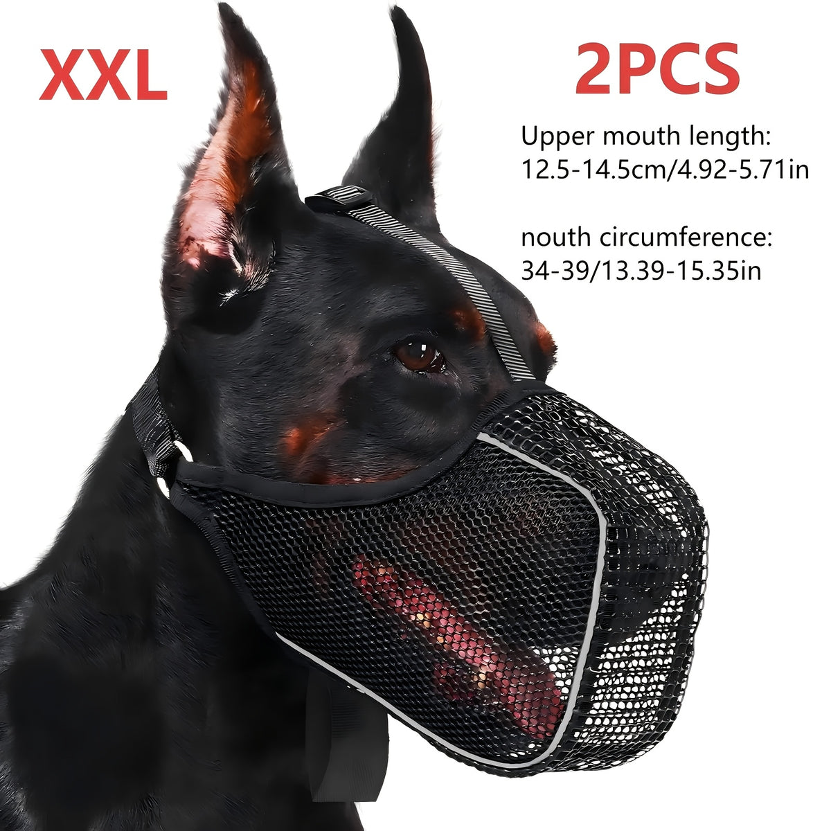 Full Coverage Mesh Dog Muzzle Mask 2-Pack in Black, Reflective Polyester Design with Adjustable Straps for Supervised Grooming and Vet Visits