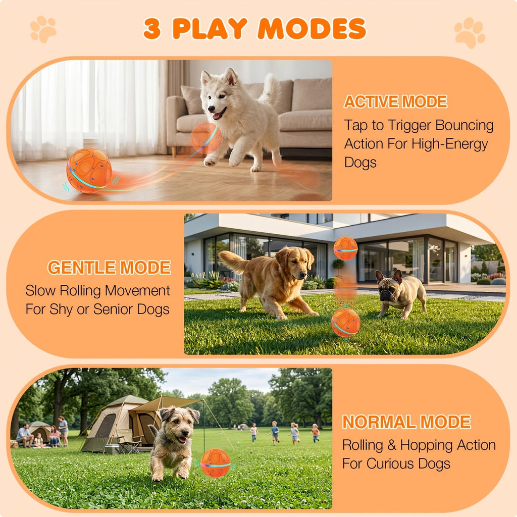 Rolling and Jumping Dog Ball with Colorful Lights, Rechargeable Interactive Chase Toy with Charging Cable for Supervised Indoor and Lawn Play