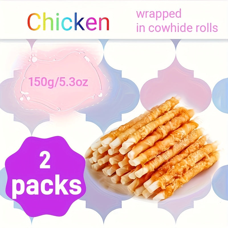 Cowhide Rolls for Dogs, 2 Pack Combination Chew Treats with Chicken or Duck Wrapping, Long Lasting Beef Skin Rolls and Jerky for Small Medium Large Dogs, Individually Packaged Dog Snacks for Training and Daily Chewing