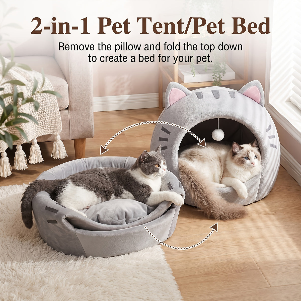 Enclosed Cat Bed with Washable Cushion, Gray Plush Cat Tent with Hanging Toy Ball, S to XL Indoor Cat House with Included Pet Bandana