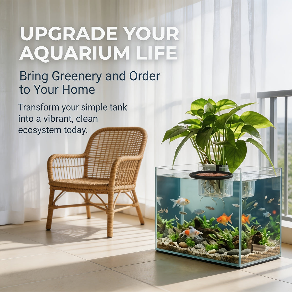 Aquarium Plant Holder Set with Floating Feeding Ring, 3-Piece Fish Tank Accessory Kit with 2 Top-Hanging Aquatic Plant Baskets and Hook Openings