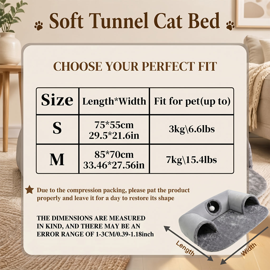 Detachable Cat Tunnel Bed with Plush Lounge and Hanging Pom-Pom Ball, S and M Indoor Cat Nest with Optional Glow-in-the-Dark Stars and Moon