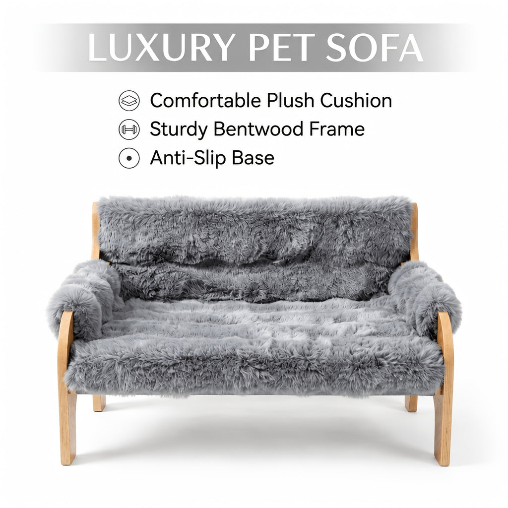Wooden Cat Sofa Bed with Removable Washable Plush Blanket, Elevated Pet Couch for Cats and Small Dogs up to 40 lbs, Gray or White