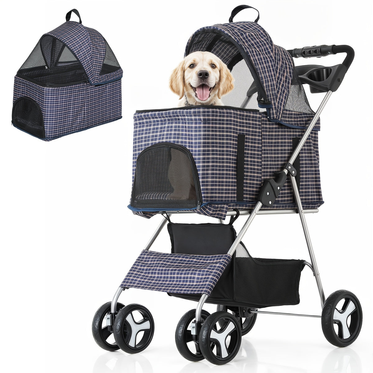 Dog Stroller for Pets up to 33 lbs, 3-in-1 Foldable Pushchair with Detachable Carrier, Car Seat Mode, Push-Button Entry and Mesh Canopy