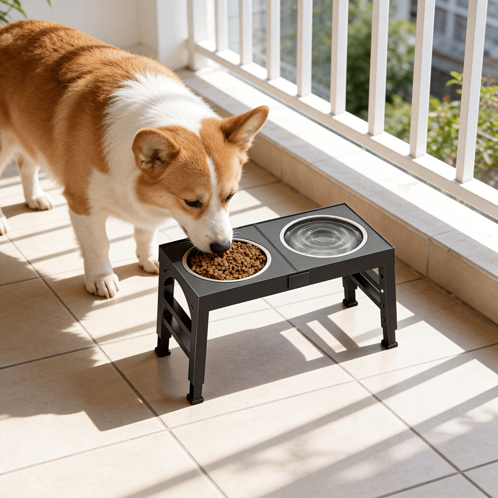 Raised Dog Food and Water Bowls with 4-Height Adjustable Stand, Two Stainless Steel Bowls at 9, 11, 12 or 14 Inches in Four Color Options