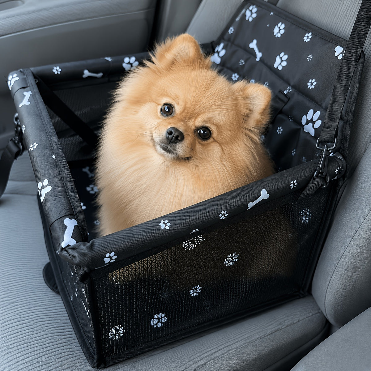 Small Dog Car Booster Seat with Bone Print, Foldable Oxford Pet Travel Carrier with Mesh Sides, Adjustable Straps and Storage Pocket