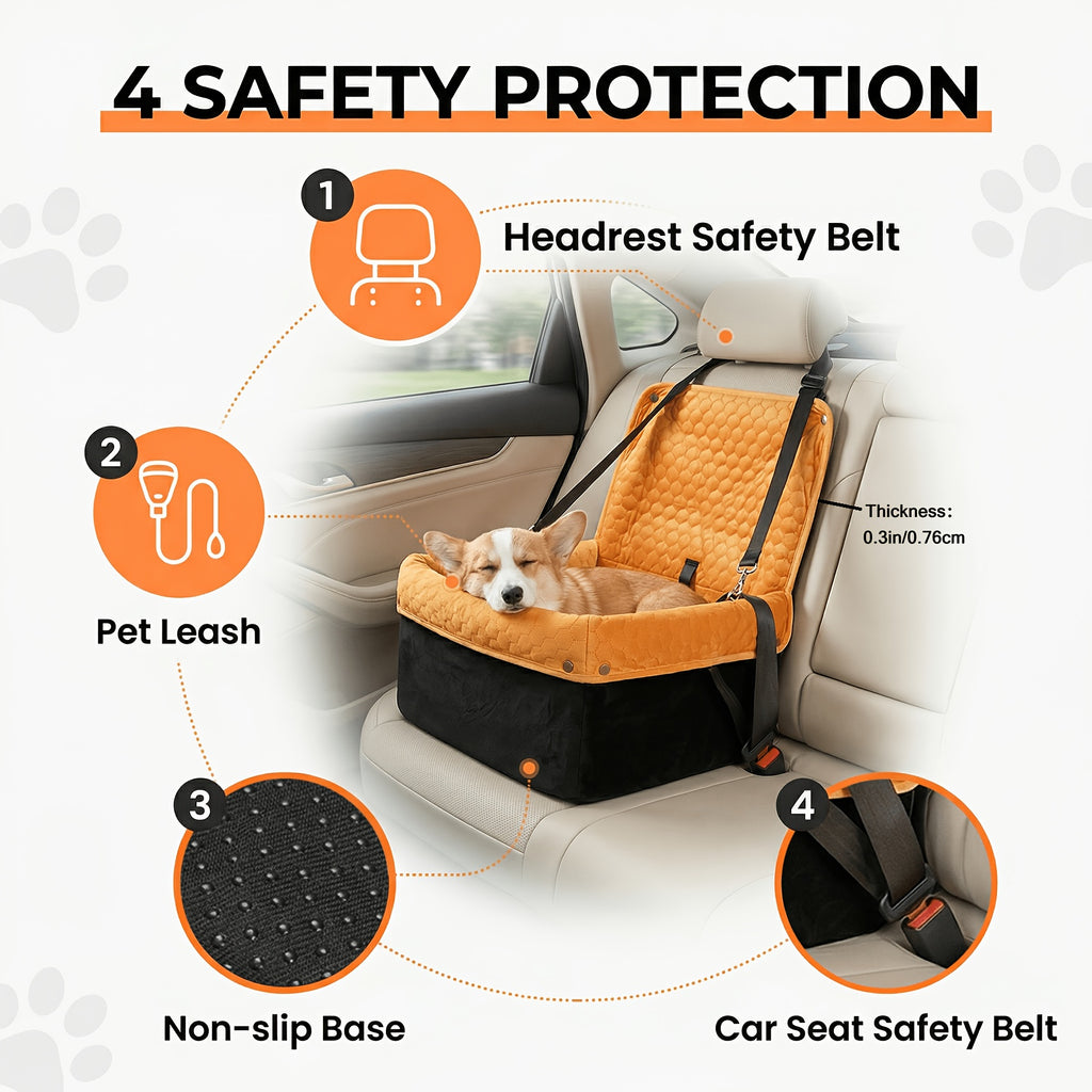 Memory Foam Dog Car Seat for Pets up to 35 lbs, Non-Slip Booster Travel Bed with Removable Waterproof Cover, Adjustable Straps and Storage Pocket