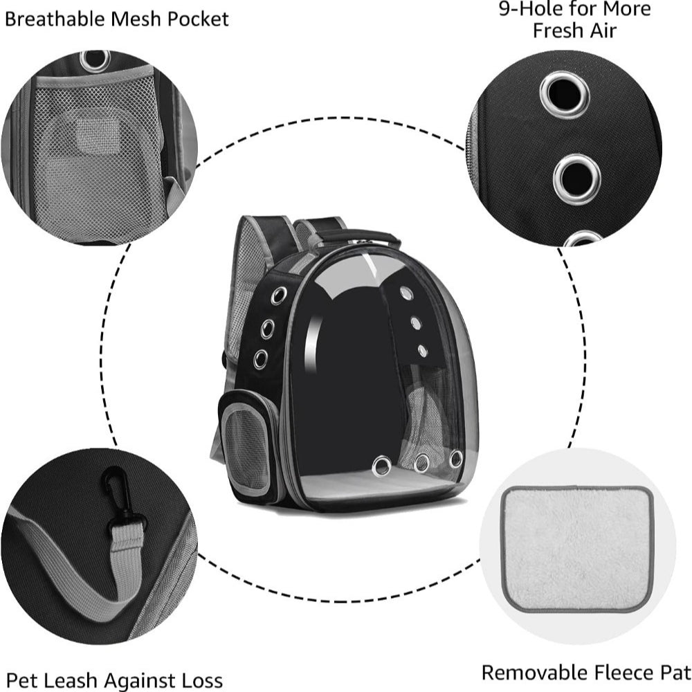 Space Capsule Cat Backpack in Black, Clear Breathable Pet Carrier with Zipper Closure for Cats and Small Dogs, Vet Visits and Outdoor Trips