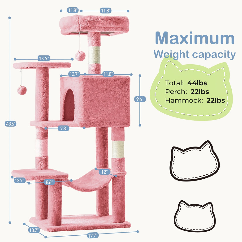 Cat Tree with Cloud-Shaped Perch, 44 Inch Indoor Cat Tower with Hammock, Cozy Condo, Sisal Scratching Posts and Multi-Level Climbing Platforms