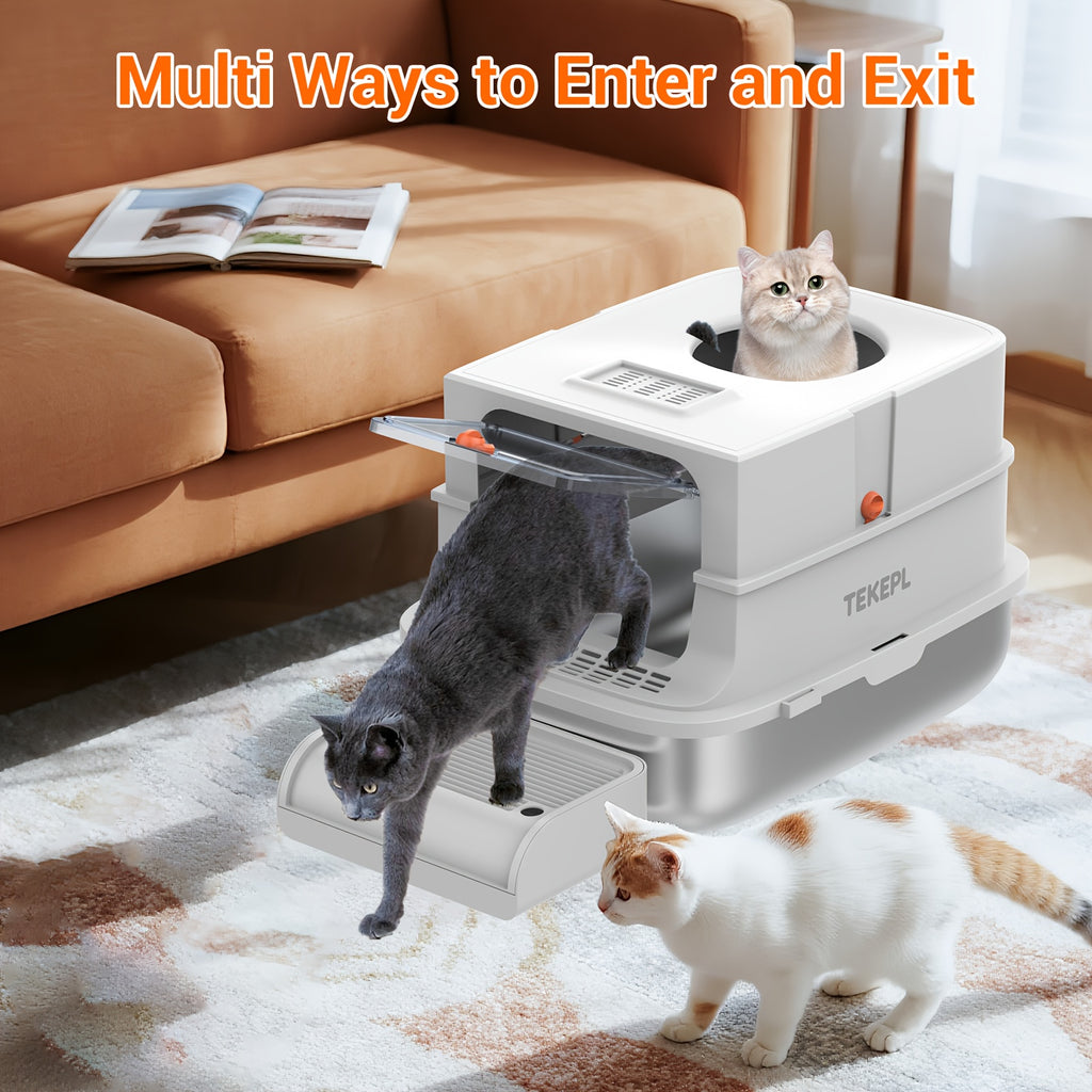 Modular Stainless Steel Cat Litter Box with Lid, Extra Large High-Sided Enclosed or Semi-Open Cat Toilet with Step, Mat and Scoop